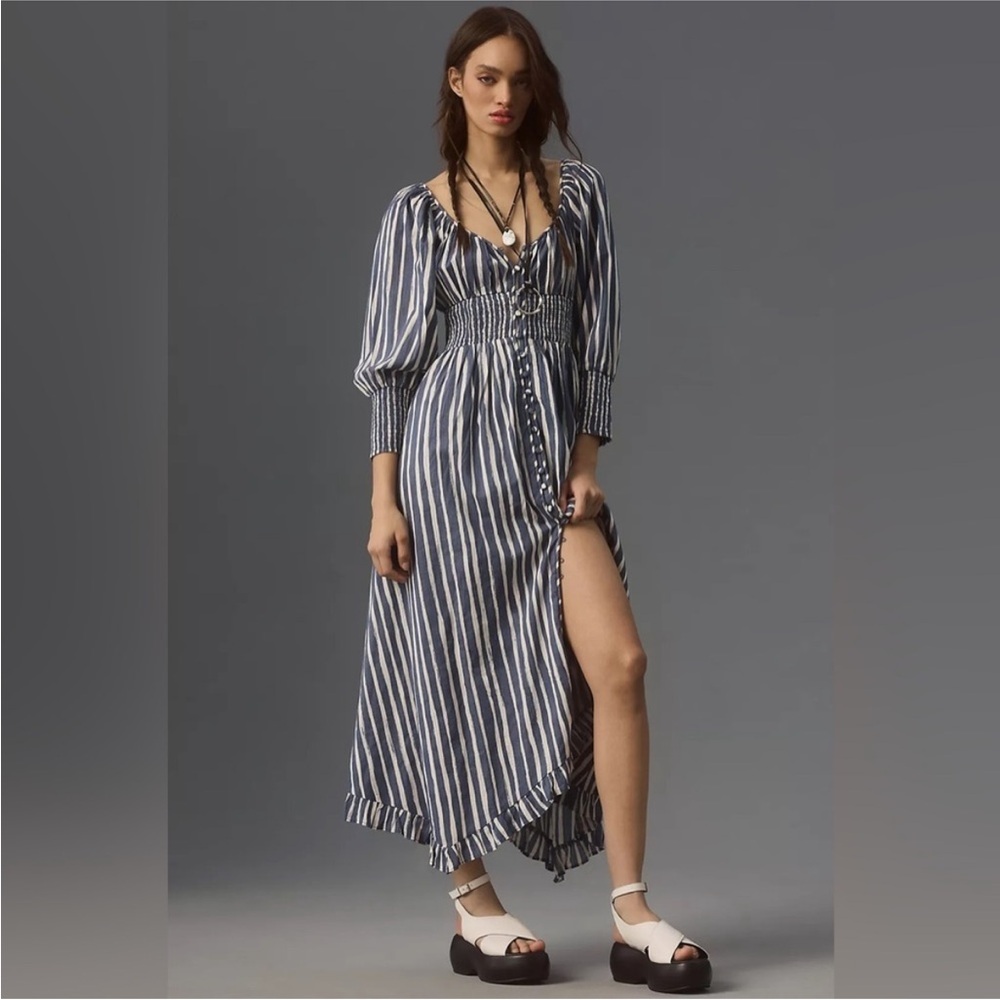 Anthropologie | Navy and White Striped Midi Dress